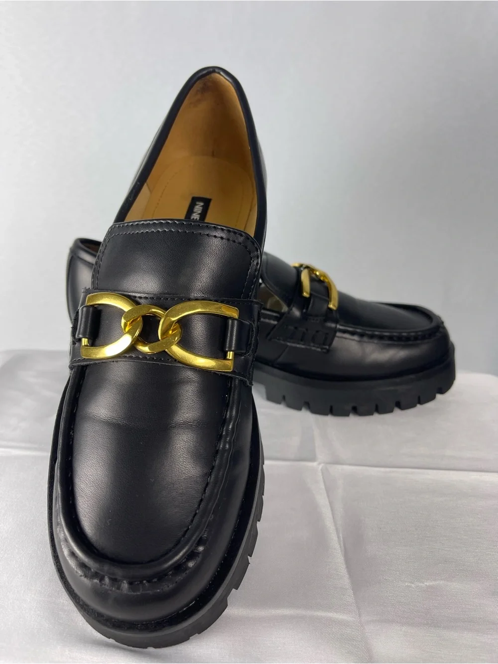 Nine West Black Leather Loafers with Gold Chain Accent